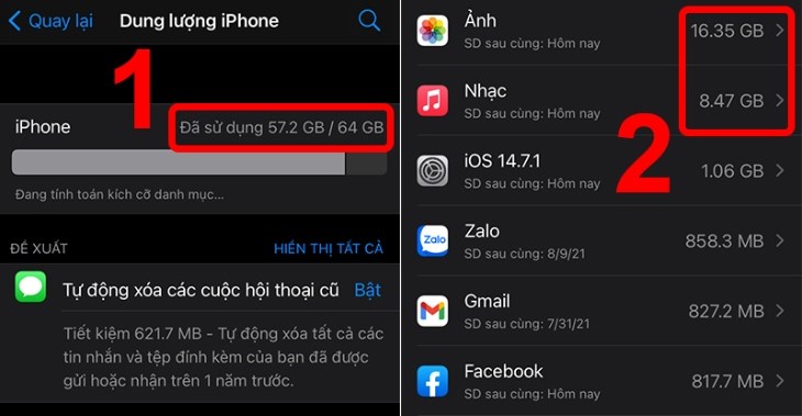 Bạn có thể xem được dung lượng khả dụng và dung lượng từng ứng dụng