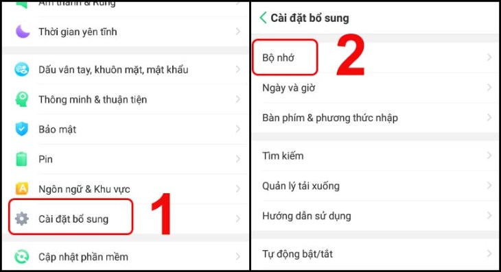 Bạn chọn mục Bộ nhớ trong Cài đặt bổ sung