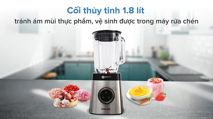 Dung tích cối đến 1.8 lít nên máy xay sinh tố Philips HR3652 có thể xay nhiều nguyên liệu cùng lúc