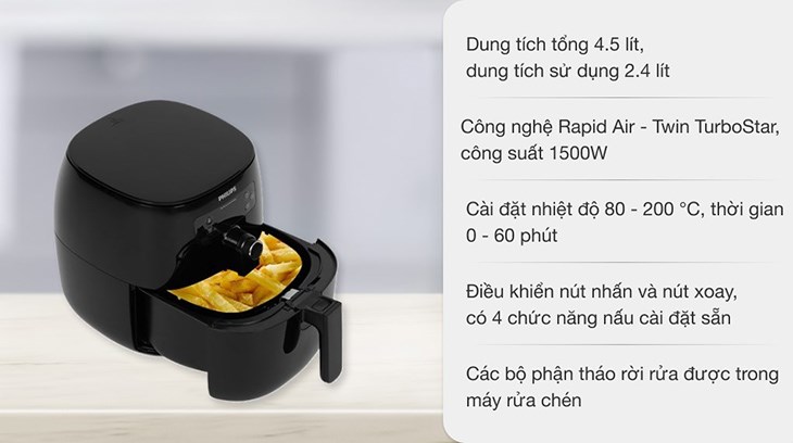 Nồi chiên không dầu Philips HD9745 được thiết kế gọn gàng, tinh tế làm tôn thêm thẩm mỹ cho gian bếp