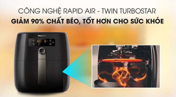 Nhờ ứng dụng công nghệ Rapid Air - Twin TurboStar, nồi chiên không dầu Philips HD9745 vừa làm chín thức ăn đồng đều vừa giảm lượng chất béo đến 90%