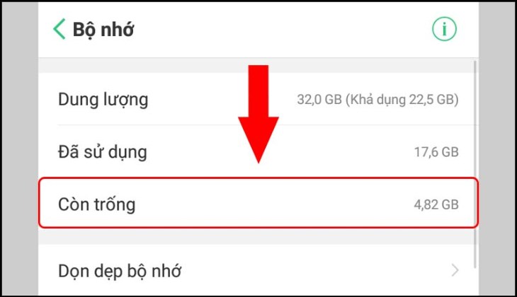 Bạn có thể xem bộ nhớ khả dụng trên điện thoại Android như trên hình