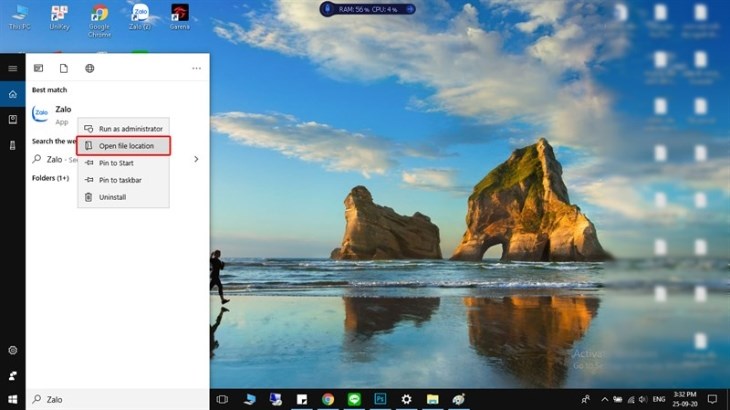 Nhấn chuột phải vào biểu tượng Zalo và chọn Open file location