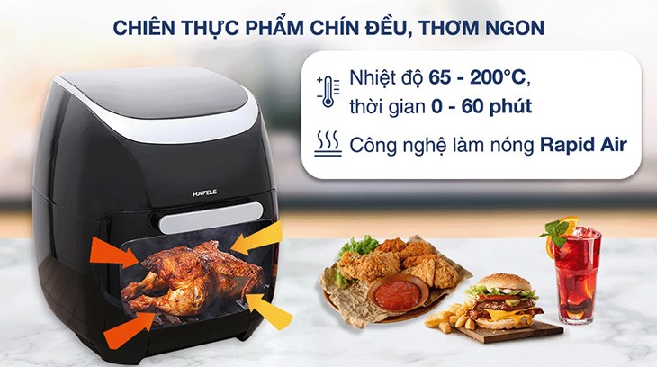 Công nghệ làm nóng Rapid Air có trong nồi chiên không dầu Hafele HS-AF1102B (535.43.715) giúp giảm lượng dầu mỡ thừa