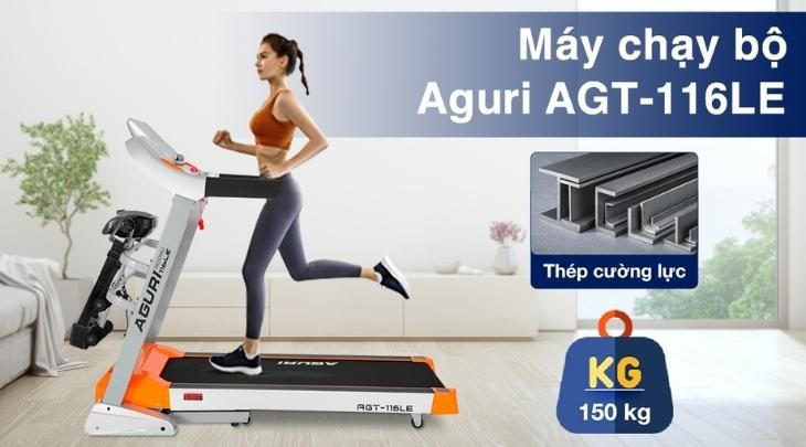 Máy Chạy Bộ Aguri AGT-116LE thu hút bởi gam màu vàng cam nổi bật cùng tải trọng đáng nể lên đến 150 kg