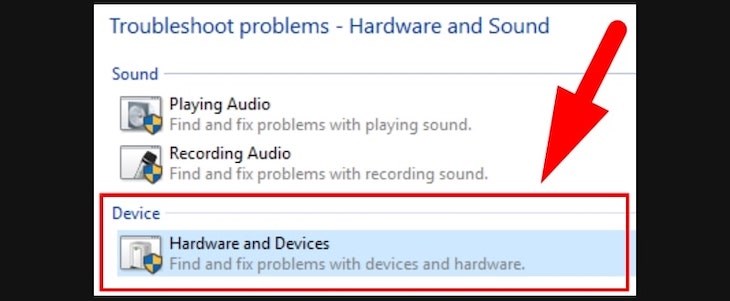 Chọn Hardware and Device để tìm và khắc phục lỗi