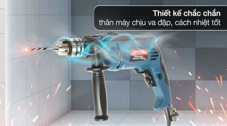 Máy khoan động lực điện Ryobi PD-130VR 650W mang đến người dùng vẻ ngoài mạnh mẽ, cứng cáp và cách nhiệt tốt