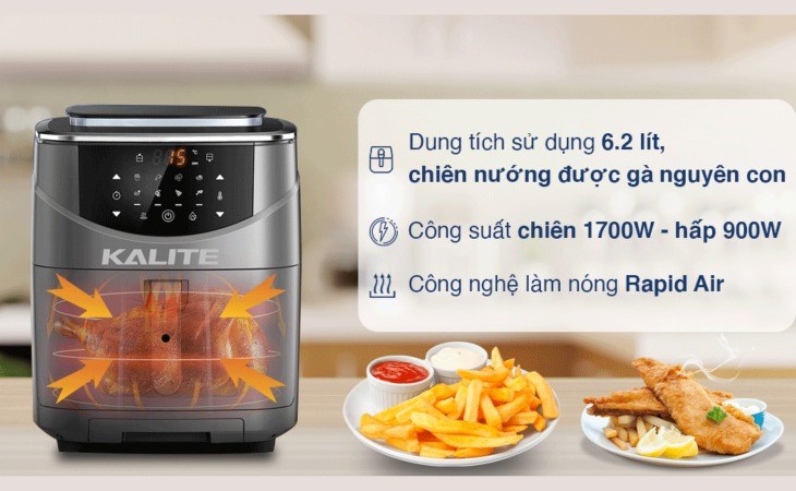 Nồi chiên không dầu kết hợp hấp Kalite STEAM 7 7 lít có công nghệ Rapid Air, giúp thức ăn chín đều 