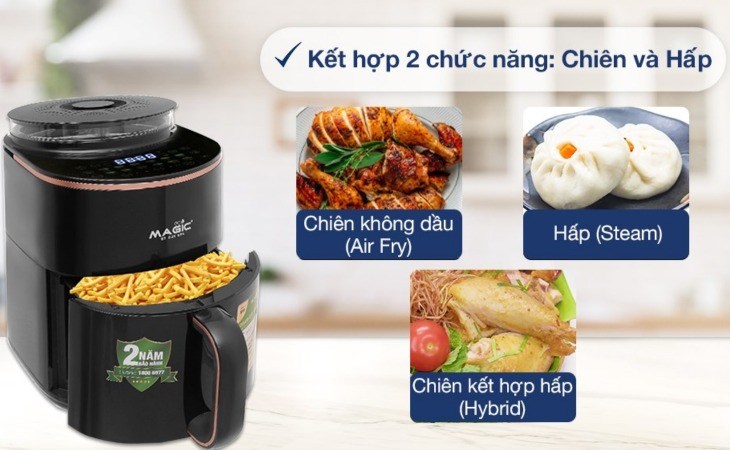 Nồi chiên không dầu kết hợp hấp Magic Eco S05 5 lít có đa dạng chế độ nấu, giúp người dùng có thêm nhiều lựa chọn