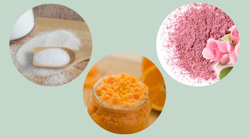 Đường trắng, cánh hoa hồng cùng bột vỏ cam khô