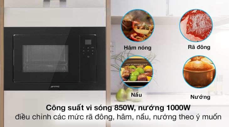 Lò vi sóng âm Smeg FMI120N2 20 lít (536.64.961) kết hợp nướng với các chức năng cài đặt sẵn: rã đông, hâm, nấu, nướng