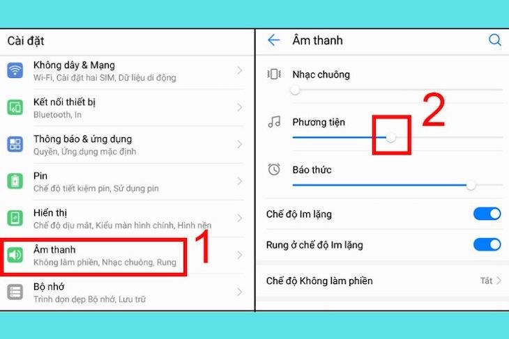 Bạn cần vào phần Cài đặt -> Chọn Âm thanh -> Chỉnh âm lượng về mức cân bằng ở mục Phương tiện
