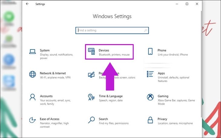 Chọn Thiết bị (Devices) ở mục cài đặt (settings) để bắt đầu thực hiện kết nối