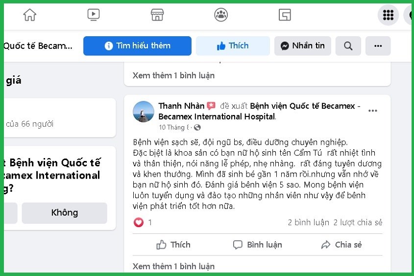 Chia sẻ từ một khách hàng trên Facebook Bệnh viện Becamex Bình Dương