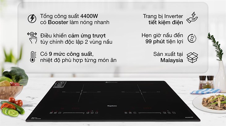 Bếp điện từ đôi lắp âm Nagakawa NK2C05MB hỗ trợ điều khiển cảm ứng trượt
