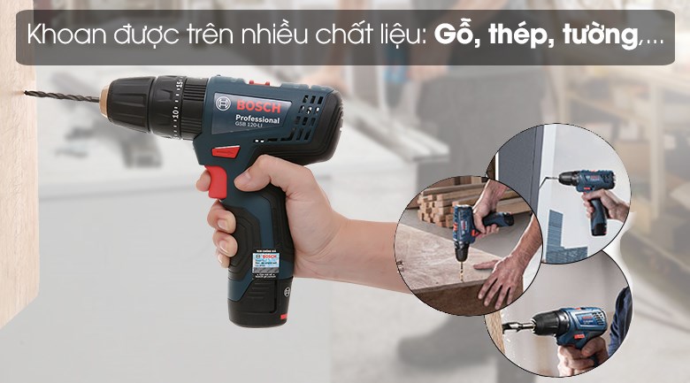 Máy khoan động lực pin Bosch GSB 120-LI 12V có thể khoan nhiều chất liệu khác nhau