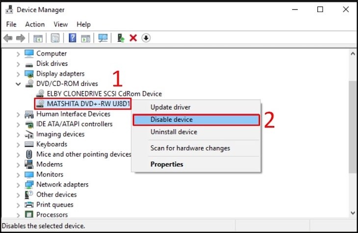 Chọn Disable device trong DVD/CD-ROM