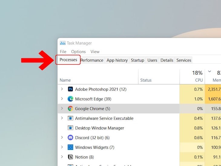 Tiếp tục nhấn vào thẻ Processes.