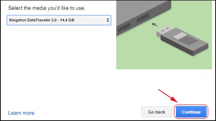 Sau khi chọn USB của bạn trên màn hình thì bấm nút Continue
