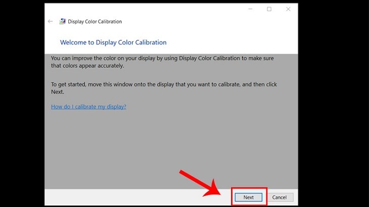 Hộp thoại Display Color Calibration hiện ra