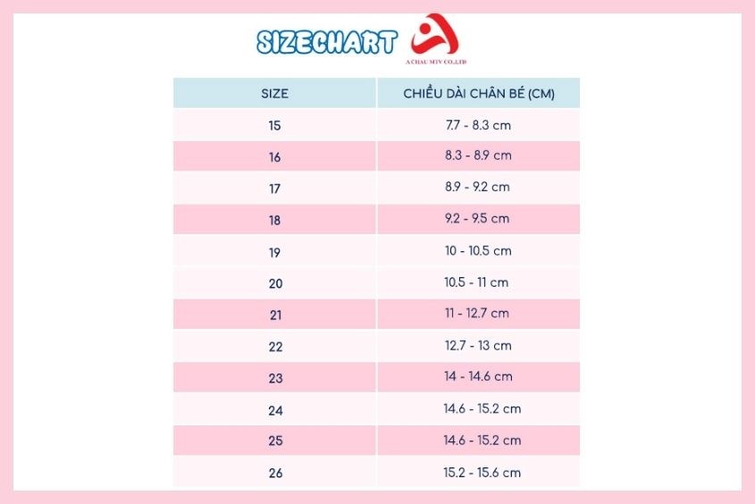 Bảng size giày cho bé thương hiệu Á Châu Cách đo size giày cho bé thương hiệu Á Châu