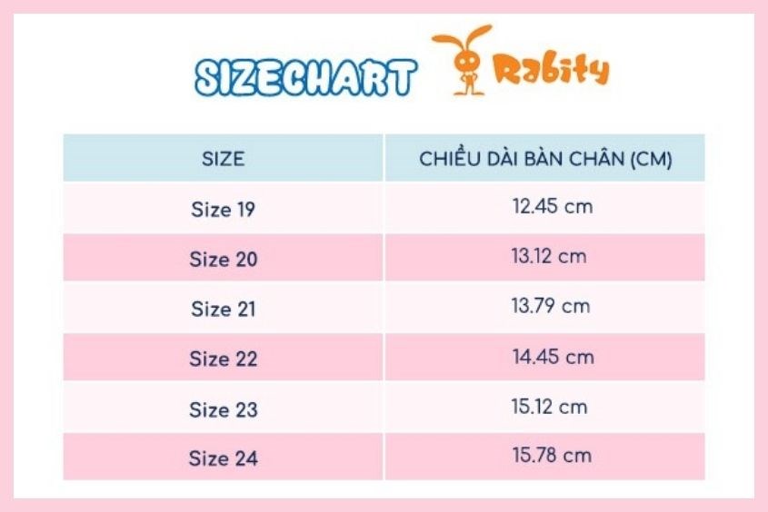 Bảng size giày cho bé thương hiệu Rabity Cách đo size giày cho bé theo thương hiệu Rabity
