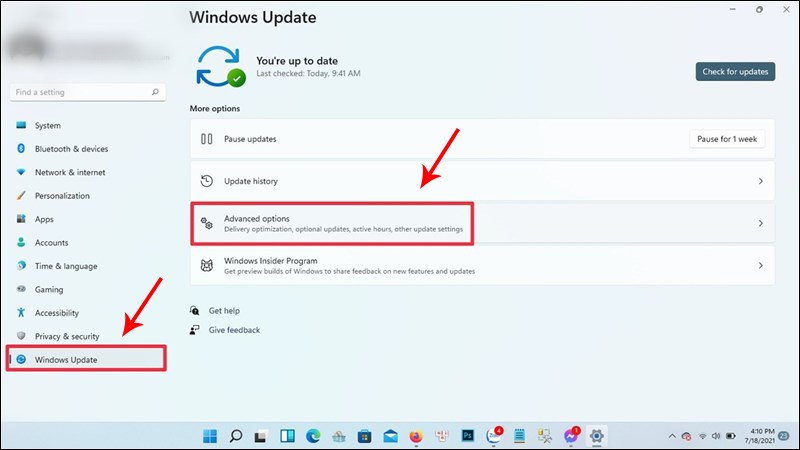 Nhấn chọn Windows Update và Advanced Options
