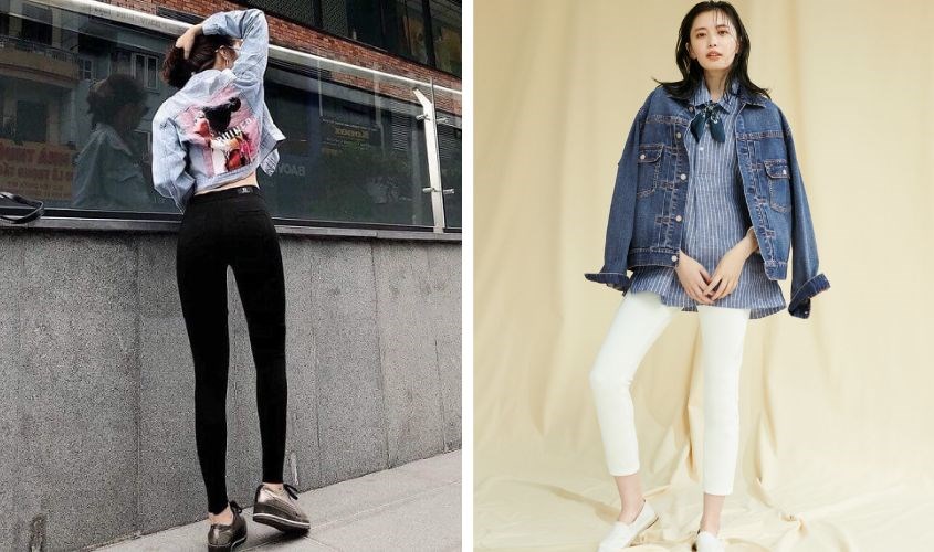 Phối quần legging với áo khoác jean