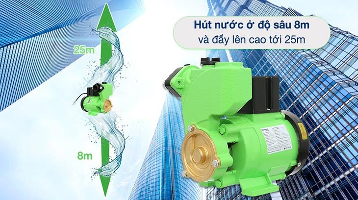Máy bơm nước chân không Kangaroo KGWP200 200W trang bị công suất 200W có thể đẩy nước lên độ cao 25m và hút nước với chiều sâu 8m