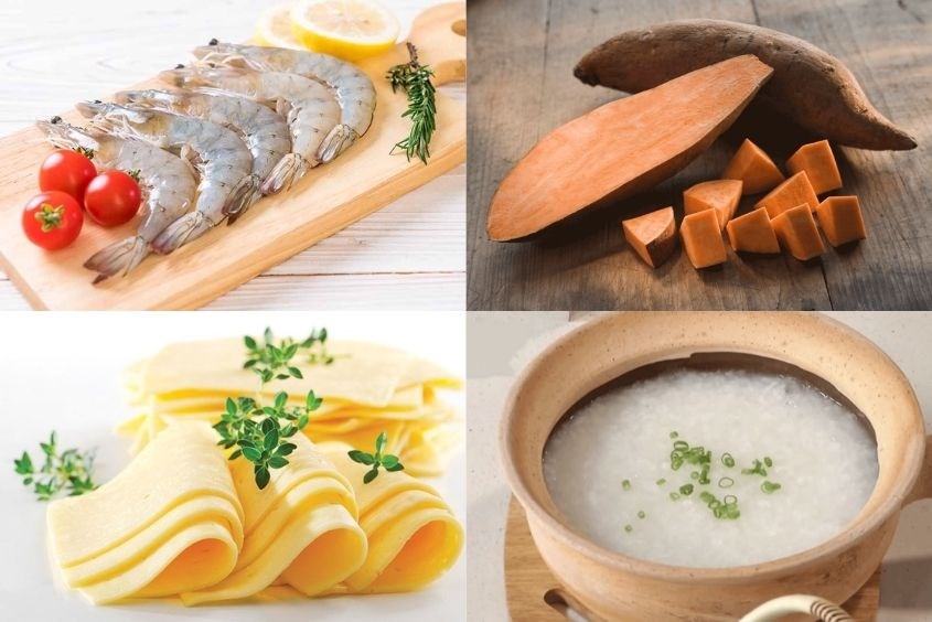Cháo tôm khoai lang cho bé với phô mai