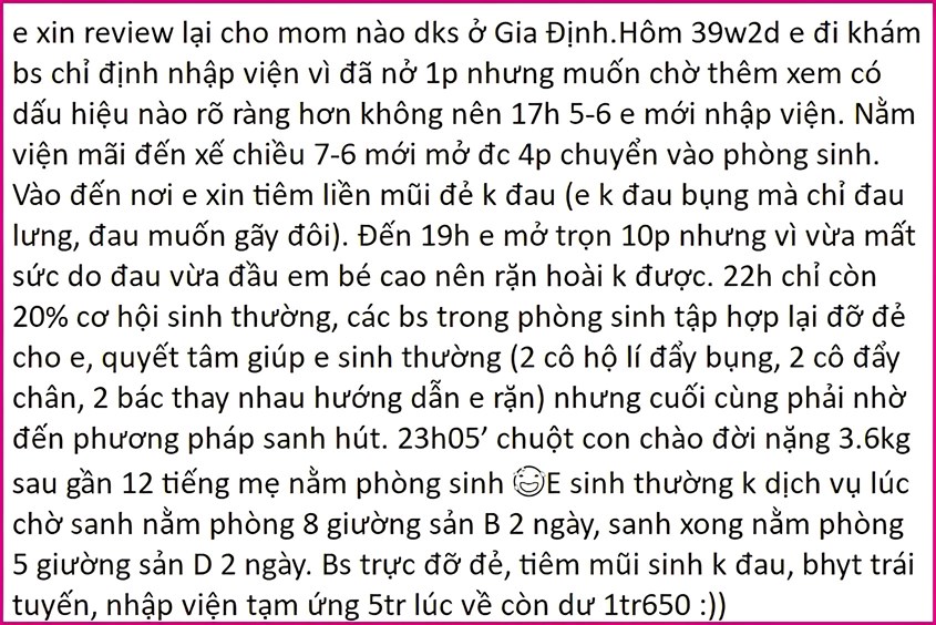 Đánh giá của chị Nguyễn Thanh Xuân về dịch vụ sinh và chi phí sinh ở bệnh viện Gia Định