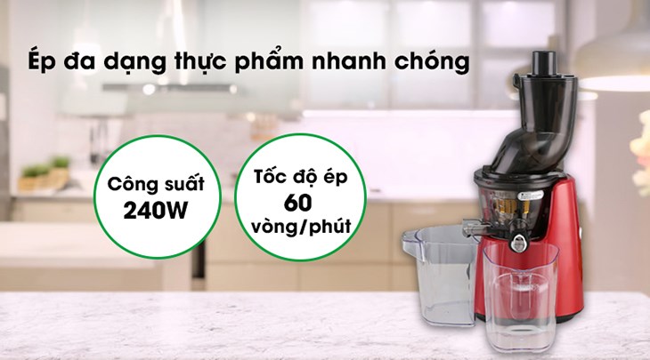 Máy ép chậm Kuvings E7000 có công suất 240W giúp ép rau củ quả nhanh chóng, vắt kiệt bã