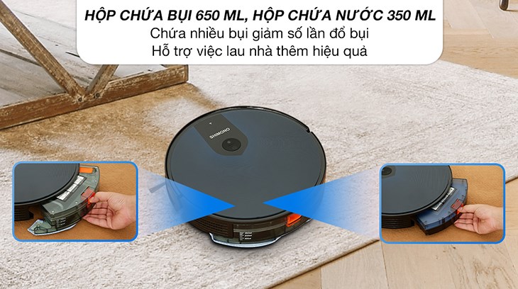 Robot hút bụi lau nhà Shimono X6S sở hữu dung tích khoang chứa bụi và khoang chứa nước lớn, thuận tiện cho quá trình làm sạch