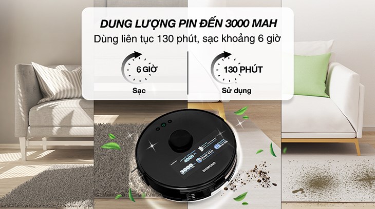 Robot hút bụi lau nhà Shimono XR530 sở hữu dung lượng pin 3000mAH mang lại khả năng sử dụng lâu dài