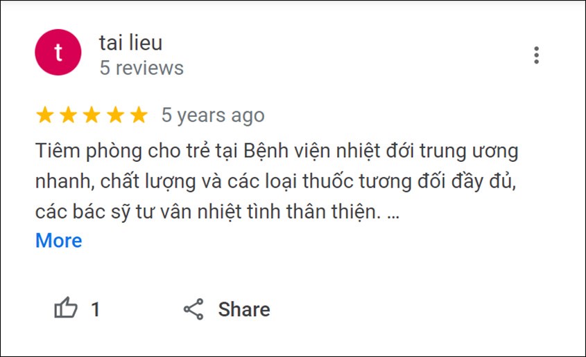 Review của khách hàng về bệnh viện nhiệt đới trung ương