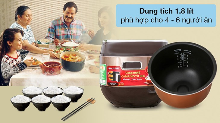 Nồi cơm có dung tích lớn 1.8 lít, phục vụ đủ lượng cơm cho gia đình từ 4 - 6 người