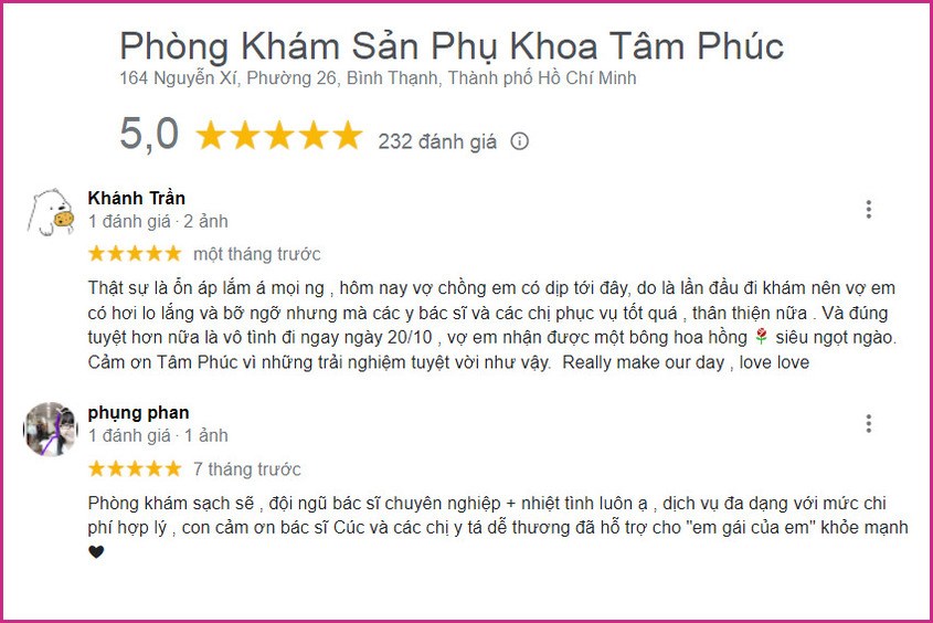 Đánh giá về phòng khám sản phụ khoa Tâm Phúc