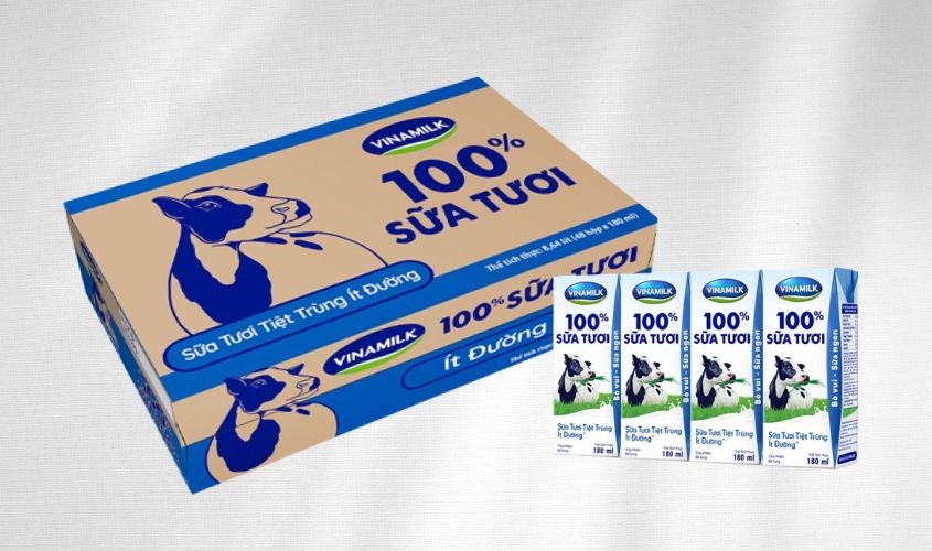 Thùng 48 hộp sữa tươi Vinamilk ít đường 180 ml