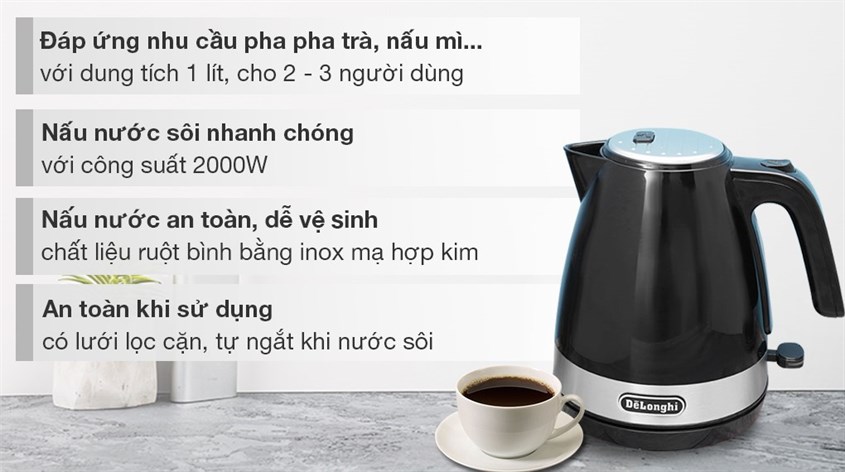 Bình đun siêu tốc Delonghi KBLA2000.BK 1 lít có dung tích lớn, cùng tông màu đen trắng sang trọng