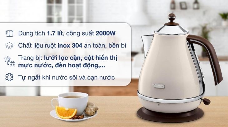 Bình đun siêu tốc Delonghi 1.7 lít KBOV2001.BG có dung tích 1.7 lít, công suất 2000W, tự ngắt điện khi nước sôi và cạn nước, có lưới lọc cặn tiện lợi,... đáp ứng tốt nhu cầu sử dụng nước nóng trong việc pha trà, cà phê, nấu mì,...