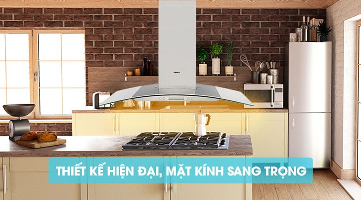 Máy hút mùi áp tường kính cong Hafele HH-WG90B (539.81.185) có kiểu dáng hiện đại, thiết kế mặt kính kết hợp inox sang trọng