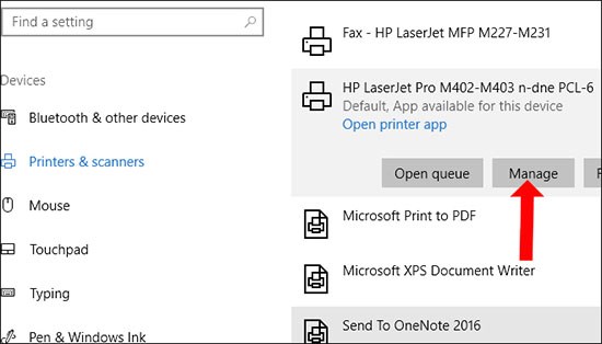 Bạn nhìn xuống mục Printer & scanners và nhấp chuột phải vào máy in cần đổi tên chọn Manage
