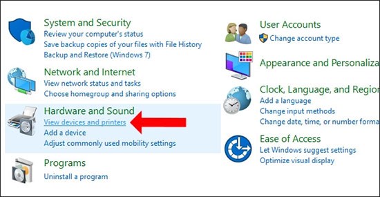 Tại mục Hardware and Sound, bạn ấn chọn vào View devices and printers