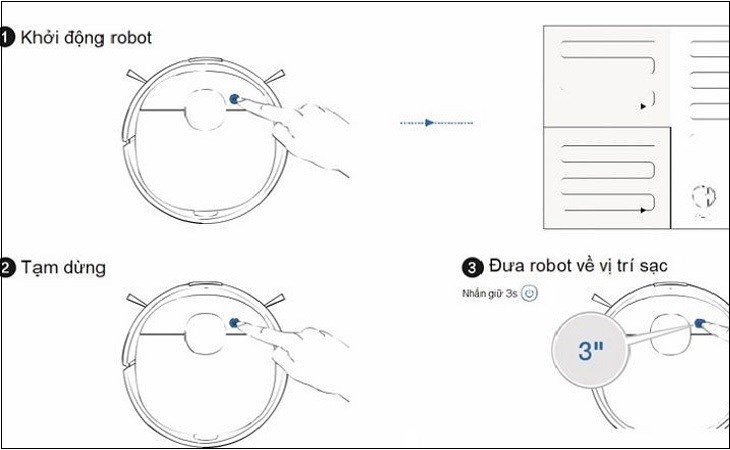 Để robot hút bụi vận hành thì nút nguồn và nút khởi động cần được bật lên