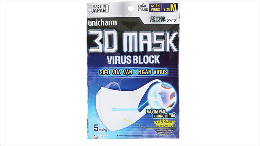 Túi 5 cái khẩu trang Unicharm 3D Mask ngăn virus 3 lớp