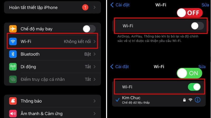 Bật/Tắt WiFi nhiều lần để kiểm tra kết nối