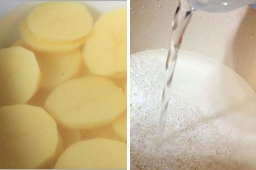 Luộc gạo và khoai tây để nấu món cháo cua khoai tây cho bé