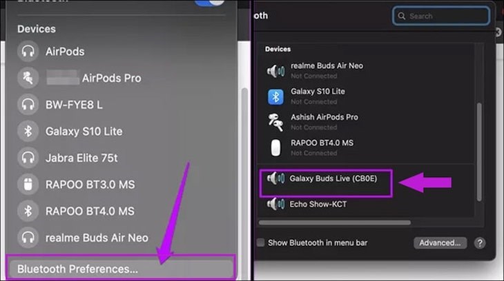 Chọn Tùy chọn Bluetooth (Bluetooth Preferences) > Chọn Galaxy Buds Live để ghép nối