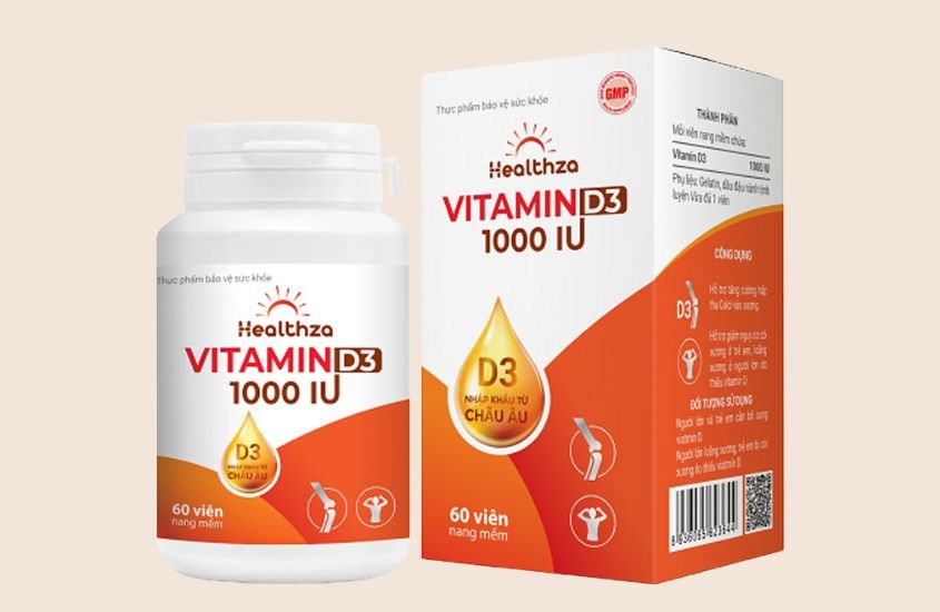 Viên uống Healthza Vitamin D3 1000IU hỗ trợ hấp thu canxi 60 viên