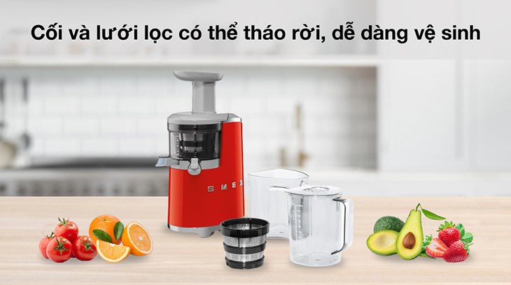 Các bộ phận của máy ép chậm Smeg SJF01RDEU (535.43.629) có thể dễ dàng tháo rời, tiện lợi cho việc vệ sinh